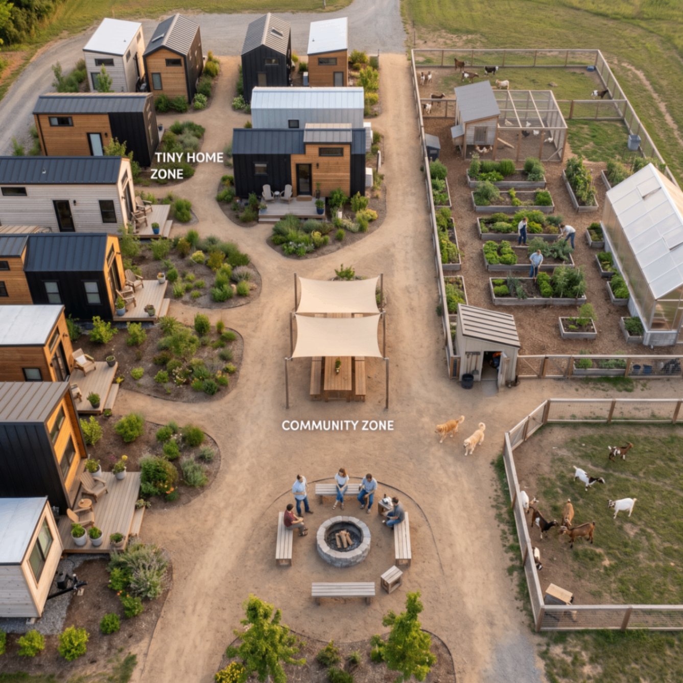 Aerial view — tiny home and community zones