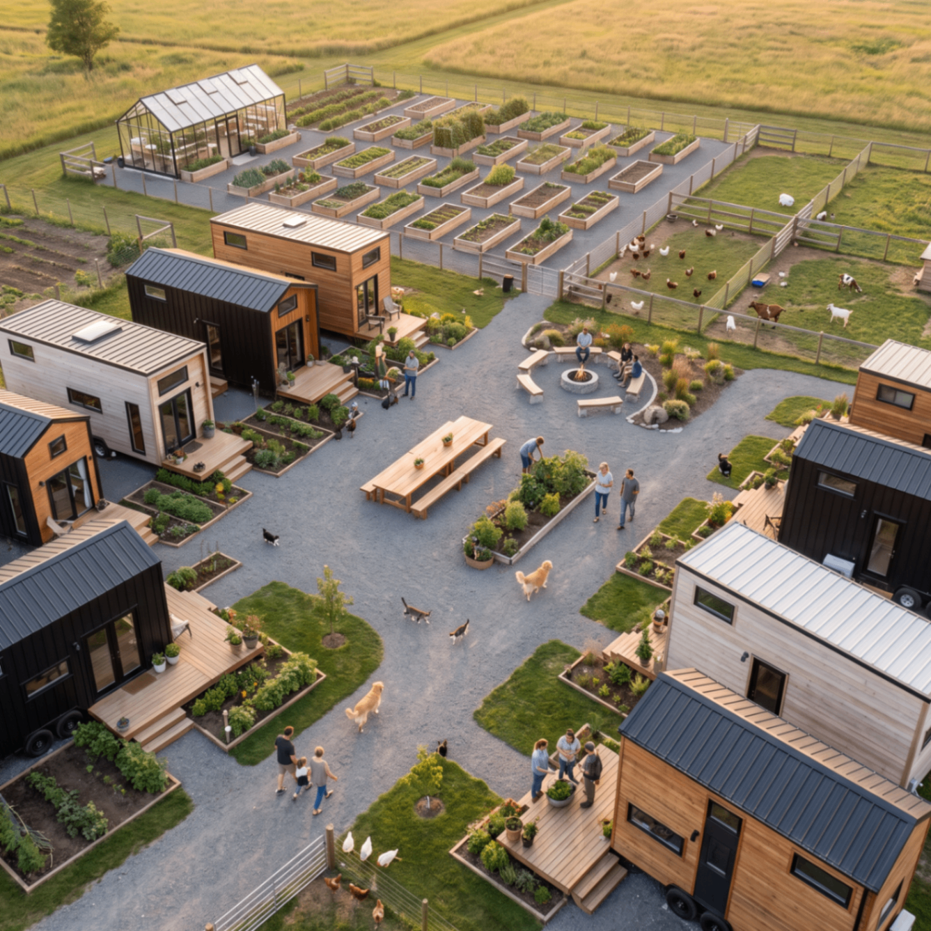 Aerial view — gardens and tiny homes