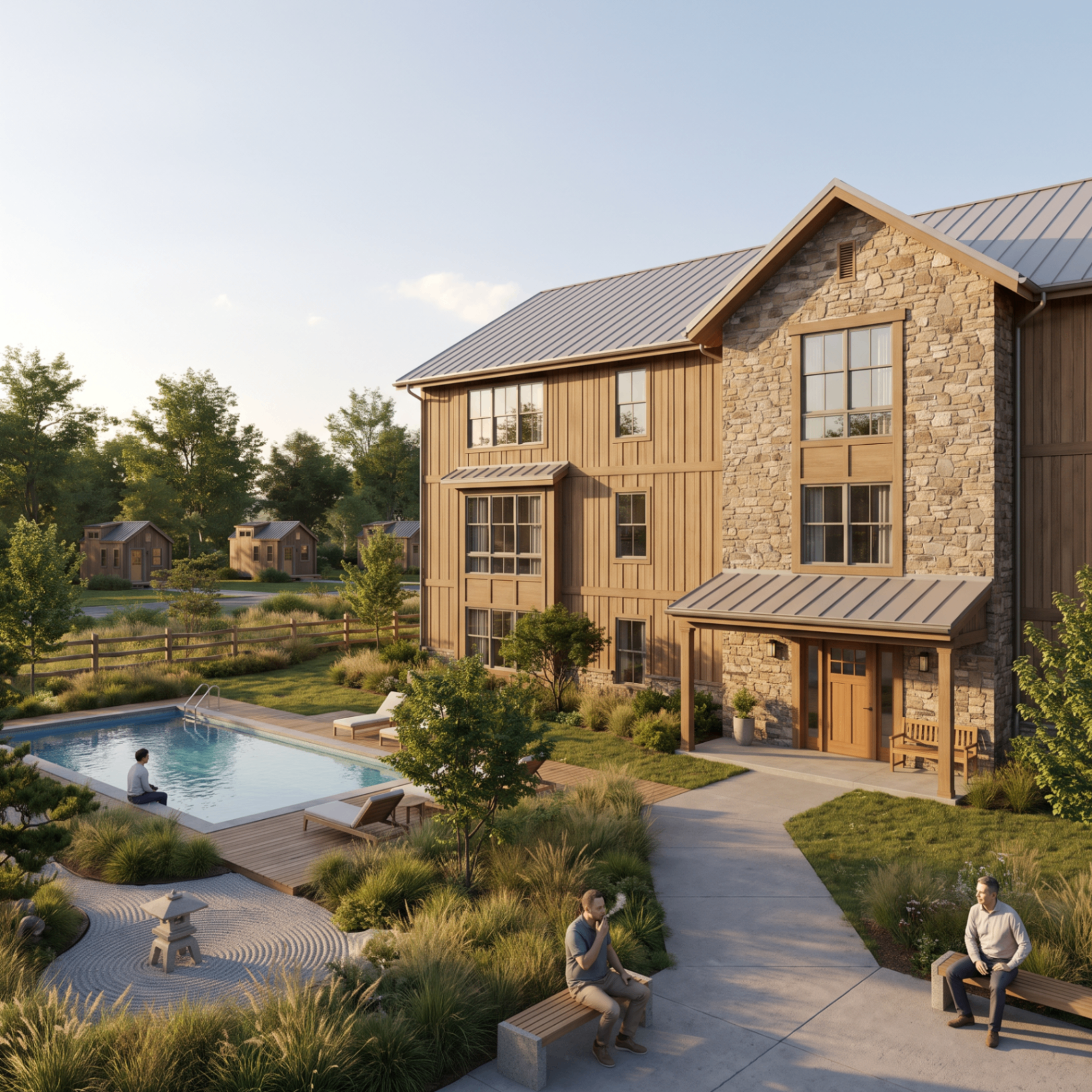 Inpatient House — 3D render with meditation garden