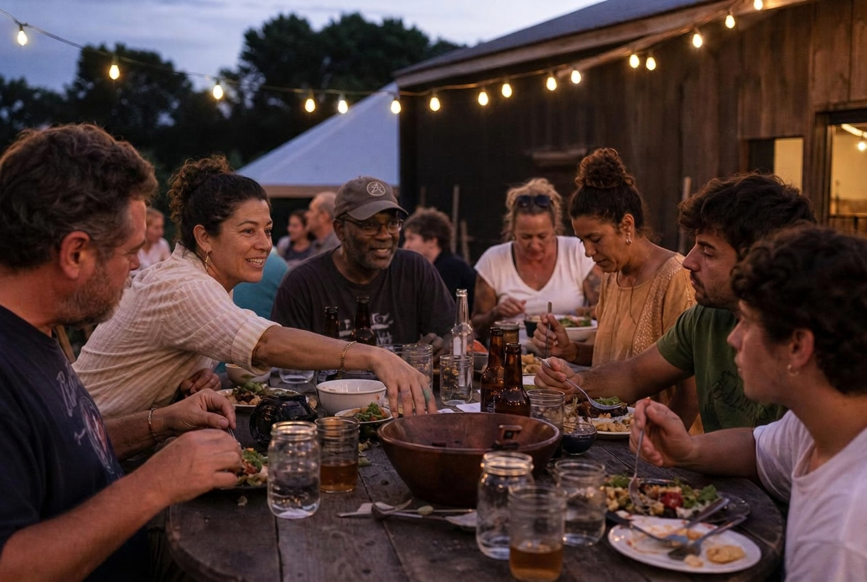 A diverse group of people sharing a casual meal together at a long wooden table outdoors under Edison string lights